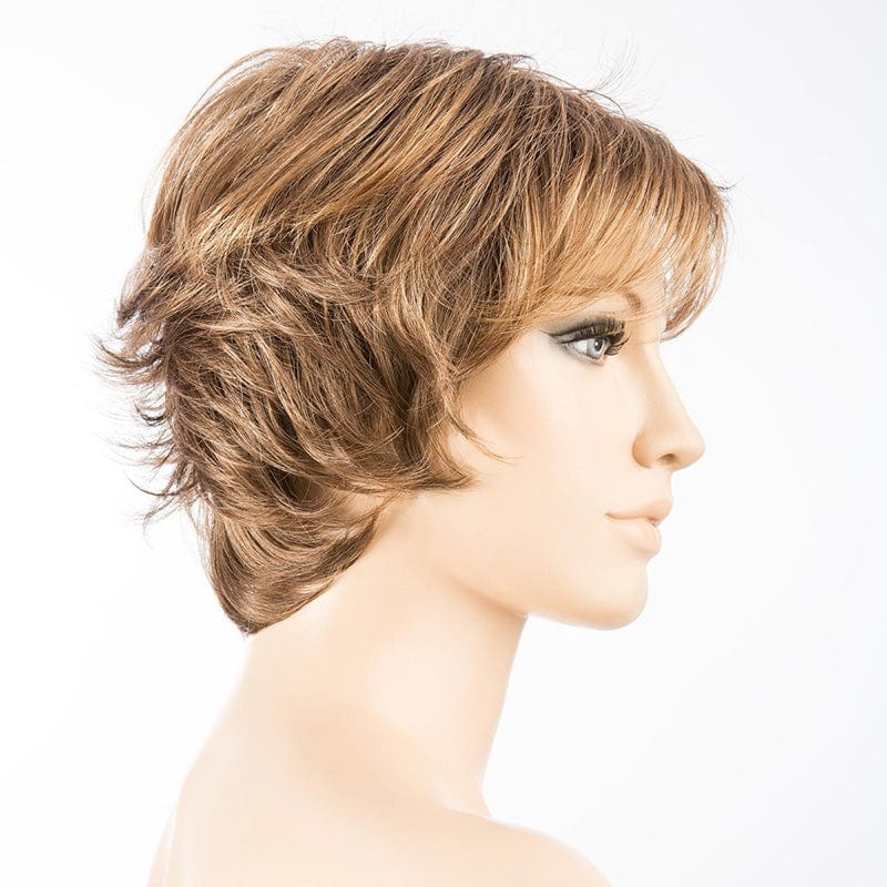 Club 10 Wig by Ellen Wille | Synthetic Wig (Mono Crown) Ellen Wille Synthetic Tobacco Rooted | Medium Brown base with Light Golden Blonde highlights & Light Auburn lowlights w/ Dark Roots / Front: 3.75" | Crown: 5" | Sides: 3" | Nape: 2.5" / Petite / Average