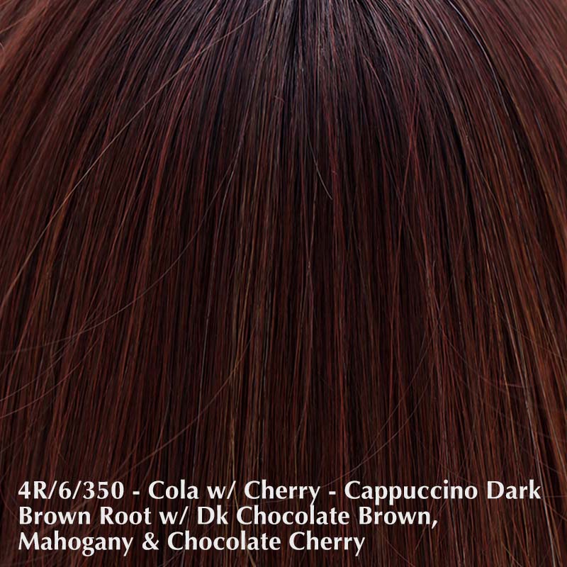 Cold Brew Chic Wig by Belle Tress | Heat Friendly | Synthetic Lace Front Wig (Hand-Tied) Belle Tress Heat Friendly Synthetic Cola with Cherry | 4R/6/350 | Cappuccino dark brown root with a blend of dark chocolate brown, mahogany and chocolate cherry / Bangs: 5.5" | Sides: 11" | Nape: 5.25" | Back: 12.5" | Overall: 5.5" - 12.5" / Average