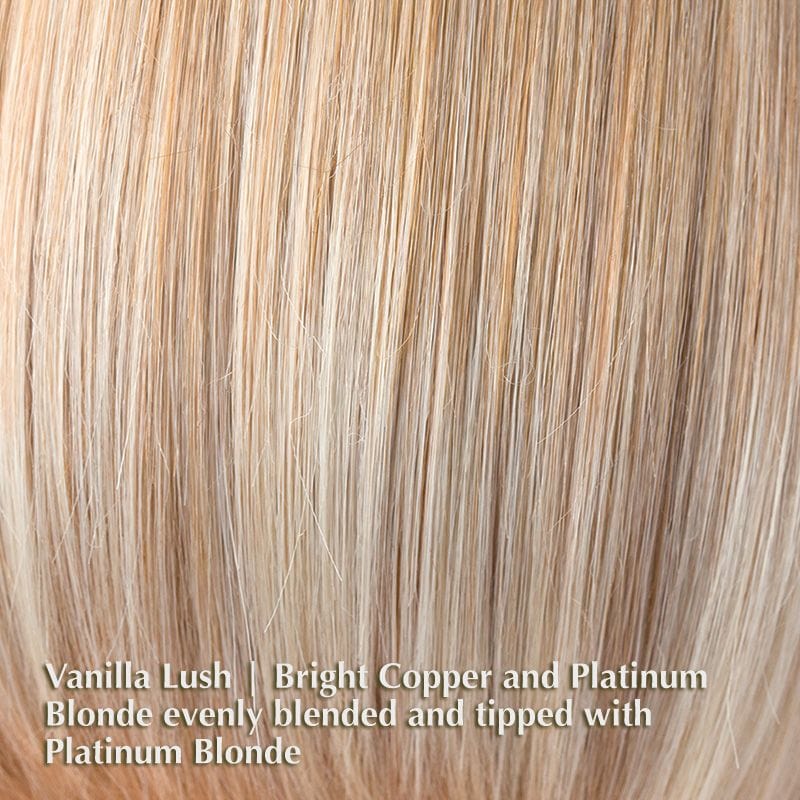 Connie Wig by Amore | Synthetic Wig (Basic Cap) Amore Synthetic Vanilla Lush | Bright Copper and Platinum Blonde evenly blended and tipped with Platinum Blonde / Front: 4" | Sides: 3.5" | Nape: 2.25" / Average