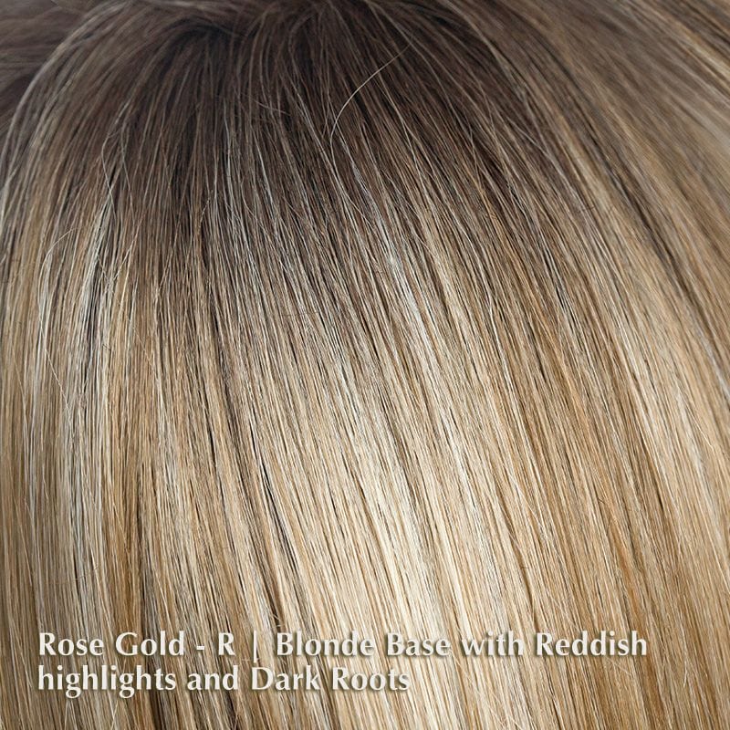 Dakota Wig by Rene of Paris | Synthetic Lace Front Wig Rene of Paris Synthetic Rose Gold-R | Blonde Base with Reddish highlights and Dark Roots / Front: 8" | Crown: 14" | Nape: 11" / Average