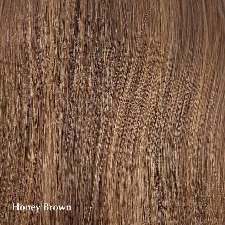 Diamond Topper by Amore | Remy Human Hair Topper (Mono Top) Amore Hair Toppers Honey Brown | Dark Roots on a warm Medium Brown base with Auburn and Honey highlights / Front: Length: 5” | Side Length: 12" / Small Area
