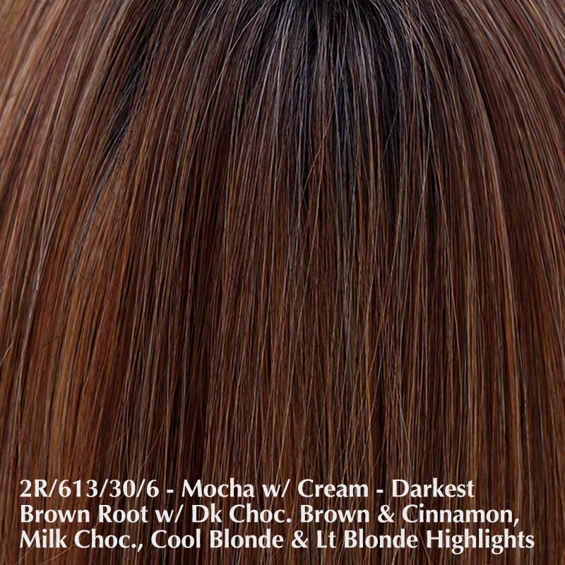 Dolce & Dolce 18 Wig by Belle Tress | Heat Friendly | Creative Center Lace Front (Mono Part) Belle Tress Heat Friendly Synthetic Mocha with Cream | 2R/613/30/6 | A rich darkest brown root with a blend of dark chocolate brown and cinnamon along with milk chocolate, cool blonde and light blonde highlights / Bang: n/a | Side: 10" - 18 | Nape:12" | Back: 15" - 18" | Overall: 10" - 18" 