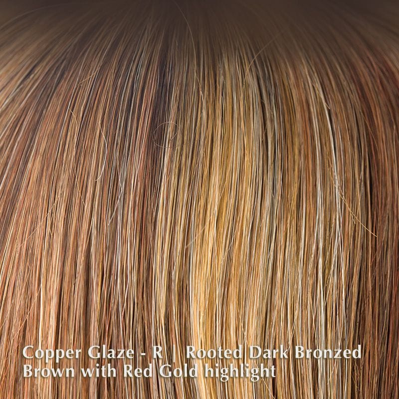 Drew Wig by Noriko | Short Synthetic Wig (Basic Cap) Noriko Synthetic Copper Glaze-R | Rooted Dark Bronzed Brown with Red Gold highlight / Front: 2.8" | Crown: 3.4" | Nape: 2.4" / Petite / Average