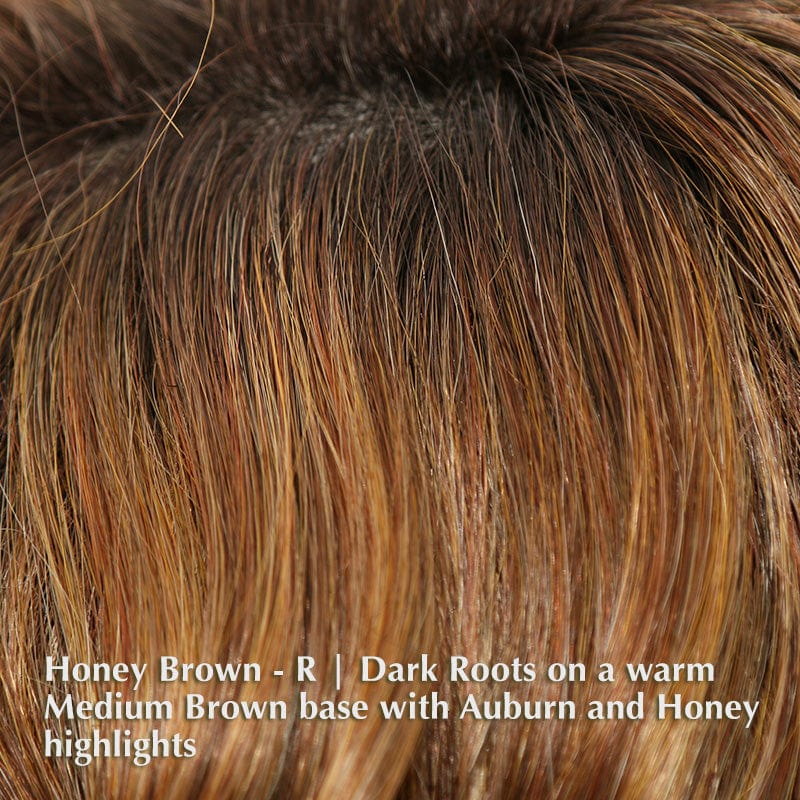 Emery Wig by Noriko | Lace Front Synthetic Wig Noriko Synthetic Honey Brown-R | Dark Roots Warm Medium Brown Base w/ Auburn and Honey Highlights / Fringe: 7.1” | Crown: 6.3” | Nape: 2.4” / Average