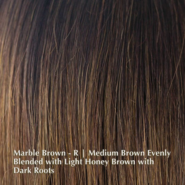 Emy Wig by Amore | Synthetic Lace Front Wig (Mono Top) Amore Synthetic Marble Brown-R | Medium Brown Evenly Blended with Light Honey Brown with Dark Roots / Fringe: 7.9” | Crown: 5.9” | Nape: 2.4” / Average