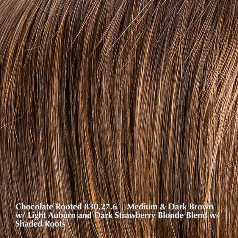 En Vogue Wig by Ellen Wille | Heat Friendly Synthetic Wig Ellen Wille Heat Friendly Synthetic Chocolate Rooted 830.27.6 | Medium & Dark Brown w/ Light Auburn and Dark Strawberry Blonde Blend w/ Shaded Roots / Front: 7.5" | Crown: 11.5" | Sides: 10" | Nape: 13.5" / Petite/Average