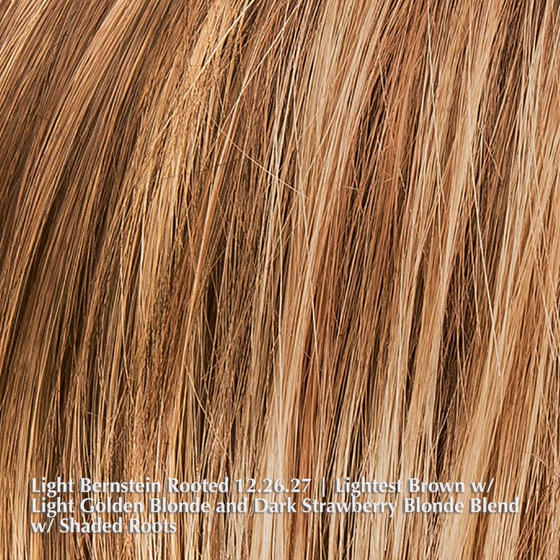 En Vogue Wig by Ellen Wille | Heat Friendly Synthetic Wig Ellen Wille Heat Friendly Synthetic Light Bernstein Rooted 12.26.27 | Lightest Brown w/ Light Golden Blonde and Dark Strawberry Blonde Blend w/ Shaded Roots / Front: 7.5" | Crown: 11.5" | Sides: 10" | Nape: 13.5" / Petite/Average