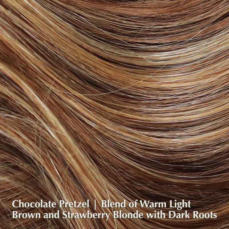 Ensley TP Wig by Rene of Paris | Synthetic Hair Topper (Mono Part) Rene of Paris Hair Toppers Chocolate Pretzel | Blend of Warm Light Brown and Strawberry Blonde with Dark Roots / Front: 6.75" | Crown: 6.5" | Side: 6.5" | Back: 6.5" | Nape: 15" / Large Area