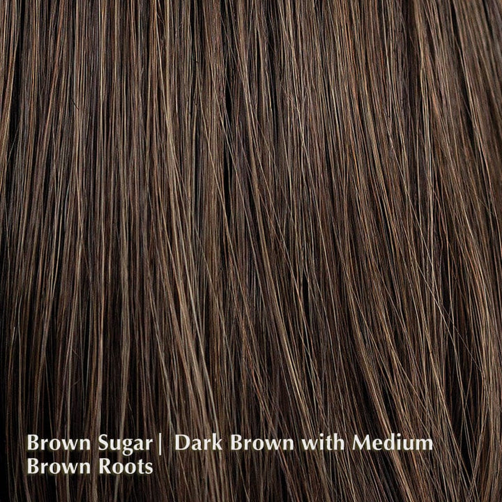 Ensley Wig by Rene of Paris | Synthetic Lace Front Wig (Hand-Tied Part) Rene of Paris Synthetic Brown Sugar | Dark Brown with Medium Brown Roots / Fringe: 6" | Crown: 13” | Nape: 14” / Average