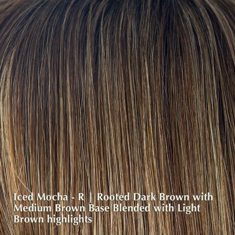 Eva Wig by Noriko | Synthetic Wig (Basic Cap) Noriko Synthetic Iced Mocha-R | Rooted Dark Brown with Medium Brown Base Blended with Light Brown highlights / Front: 5" | Crown: 4.5" | Nape: 2" / Petite / Average