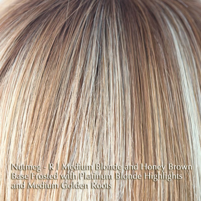 Eva Wig by Noriko | Synthetic Wig (Basic Cap) Noriko Synthetic Nutmeg-R | Medium Blonde and Honey Brown Base Frosted with Platinum Blonde Highlights and Medium Golden Roots / Front: 5" | Crown: 4.5" | Nape: 2" / Petite / Average