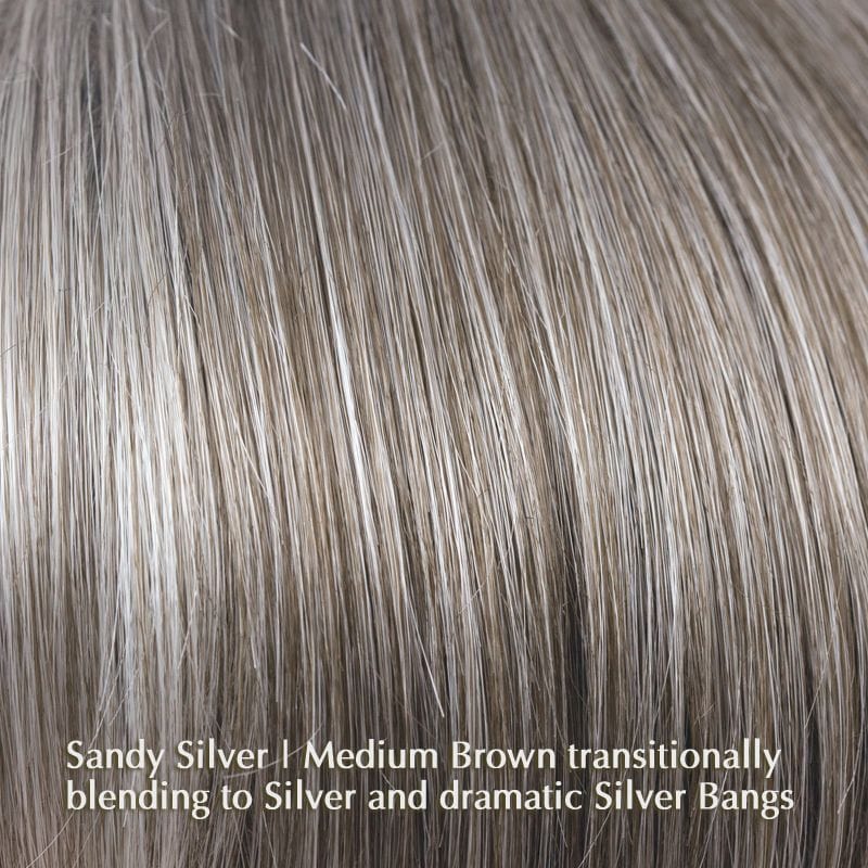 Eva Wig by Noriko | Synthetic Wig (Basic Cap) Noriko Synthetic Sandy Silver | Medium Brown transitionally blending to Silver and dramatic Silver Bangs / Front: 5" | Crown: 4.5" | Nape: 2" / Petite / Average