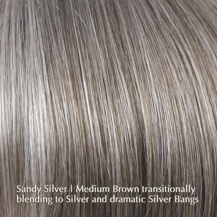 Eva Wig by Noriko | Synthetic Wig (Basic Cap) Noriko Synthetic Sandy Silver | Medium Brown transitionally blending to Silver and dramatic Silver Bangs / Front: 5" | Crown: 4.5" | Nape: 2" / Petite / Average