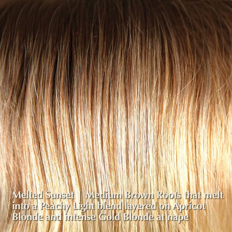 Evanna Mono Wig by Amore | Synthetic Wig (Mono Top) Amore Synthetic Melted Sunset | Medium Brown Roots that melt into a Peachy Light blend layered on Apricot Blonde and intense Gold Blonde at nape / Fringe: 8”-12”" | Crown: 8”-12” | Nape: 5.5” / Average
