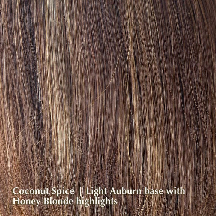 Gia Wig by Rene of Paris | Synthetic Wig (Basic Cap) Rene of Paris Synthetic Coconut Spice | Light Auburn base with Honey Blonde highlights / Bangs: 6" | Top: 3.25" | Nape: 2" / Average