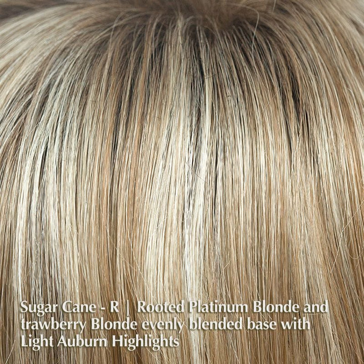 Hailey Wig by Noriko | Synthetic Wig (Basic Cap) Noriko Synthetic Sugar Cane-R | Rooted Platinum Blonde and Strawberry Blonde evenly blended base with Light Auburn Highlights / Front: 7.15" | Crown: 8.25" | Nape: 2.35" / Average