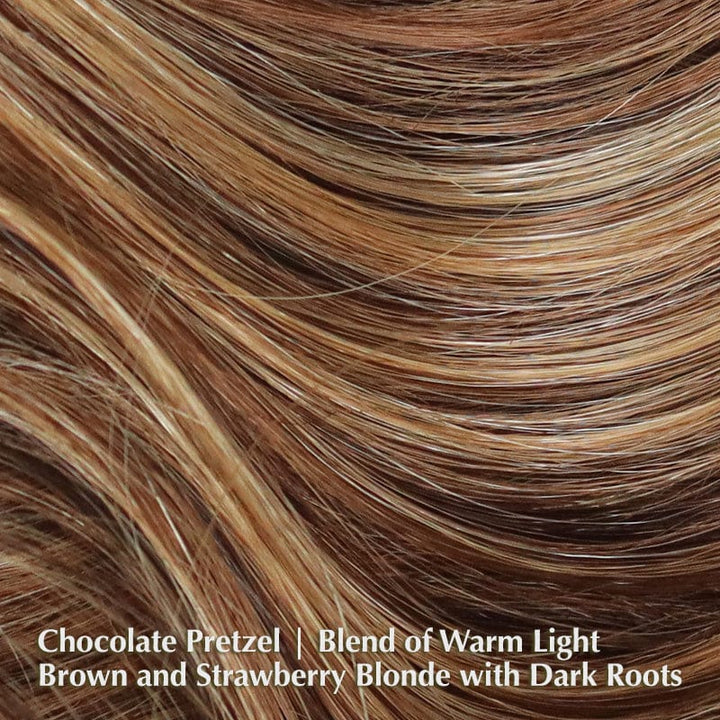 Hallie Wig by Rene of Paris | Synthetic Lace Front Wig (Basic Cap) Rene of Paris Synthetic Chocolate Pretzel | Blend of Warm Light Brown and Strawberry Blonde with Dark Roots / Front: 9" | Crown: 6.5" | Side: 6.5" | Back: 6.5" | Nape: 2" / Average