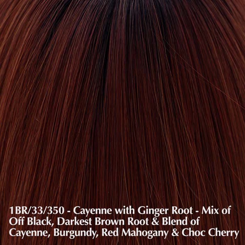 Hand-Tied Dalgona 16 Wig By Belle Tress | Synthetic Heat Friendly Wig | 100% Hand Tied Lace Front Belle Tress Heat Friendly Synthetic Cayenne with Ginger Root | 1BR/33/350 | Mixture of off black and darkest brown root with a blend of cayenne, burgundy, red mahogany, and chocolate cherry / Sides: 10