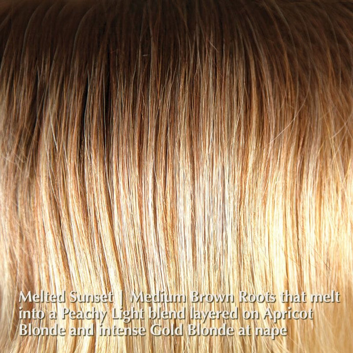 India Wig by ROP Hi Fashion | Synthetic Lace Front Wig Rene of Paris Synthetic Melted Sunset | Medium Brown Roots that melt into a Peachy Light blend layered on Apricot Blonde and intense Gold Blonde at nape / Bang: 10" | Crown: 10” | Nape: 9” / Average