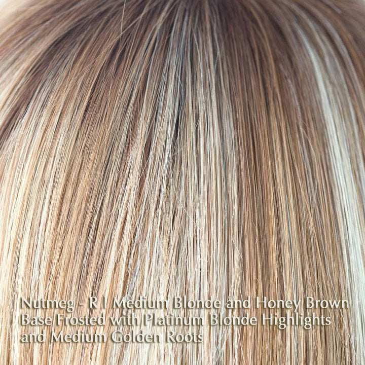 Ivy Wig by Noriko | Synthetic Wig (Basic Cap) Noriko Wigs Nutmeg-R | Medium Blonde and Honey Brown Base Frosted with Platinum Blonde Highlights and Medium Golden Roots / Front: 3.5" | Crown: 2.75” | Sides: 2” | Nape: 1.5” / Average