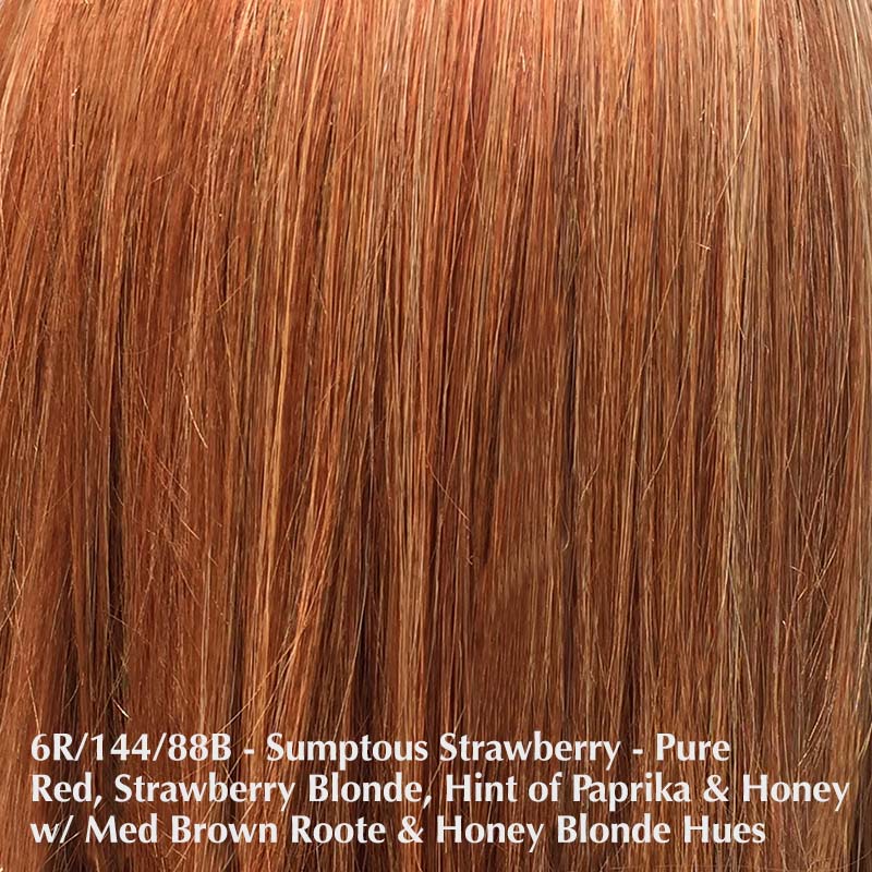 Kona Wig by Belle Tress | Synthetic Heat Friendly Wig | Creative Lace Front Belle Tress Heat Friendly Synthetic Sumptuous Strawberry | A hybrid of pure red, strawberry blonde, a hint of paprika, and honey / Side Bangs: 7” | Side: 10” | Nape: 4.5” | Back: 12.5” | Overall: 4.5” - 12.5” / Average
