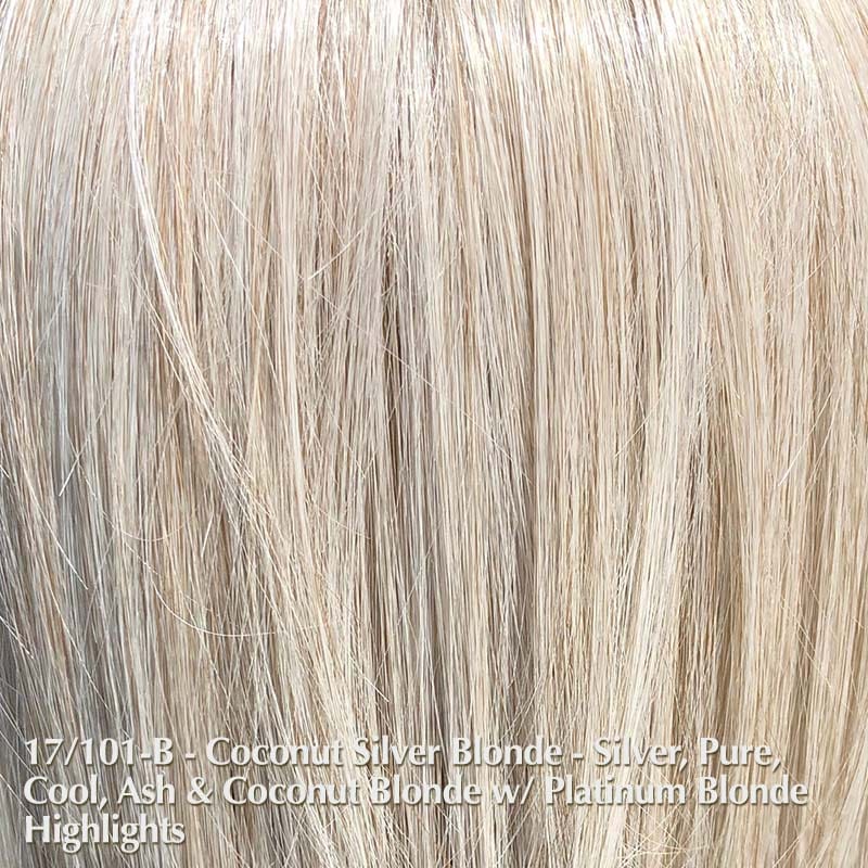 Kushikamana 23 Wig by Belle Tress | Synthetic Heat Friendly Wig (Mono Part) Belle Tress Heat Friendly Synthetic Coconut Silver Blonde | 101/102/103/60A/23A/17 | A blend of silver, pure cool ash and coconut blonde with platinum highlights / Side Bang: 8" - 9" | Side: 9" - 17" | Nape: 15.5" |  Back: 23" | Overall: 8" - 23" / Average
