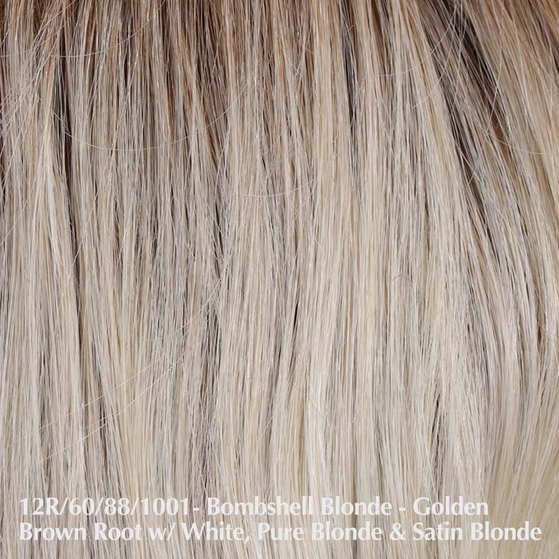 Lace Front Mono Top Peerless 19 Topper By Belle Tress | Synthetic Heat Friendly Topper Belle Tress Hair Toppers Bombshell Blonde | 12R/60/88/1001 | Golden brown root with a blend of white, pure blonde and satin blonde / Bangs: 4.5" - 5” | Back: 9.5" - 19” | Base: 6" W x 6.5” L / One Size