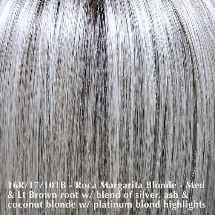 Lace Front Mono Top Peerless 19 Topper By Belle Tress | Synthetic Heat Friendly Topper Belle Tress Hair Toppers Roca Margarita Blonde | Medium and light brown root with a mixed blend of silver, pure, fresh, ash, and coconut blonde with platinum blonde highlights / Bangs: 4.5" - 5” | Back: 9.5" - 19” | Base: 6" W x 6.5” L / One Size