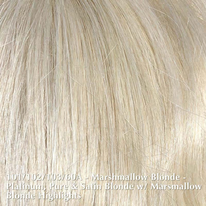 Lace Front Mono Top Straight 14 Topper by Belle Tress | Synthetic Heat Friendly Topper | Creative Lace Front Belle Tress Hair Toppers Marshmallow Blonde | 101/102/103/60A | A mixture blend of platinum, pure, and satin blonde with marshmallow blonde highlights / Side Bangs: 7.5” | Back: 12" - 14” | Base: 6" W x 6.5” L / One Size