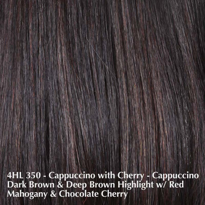 Lace Front Mono Top Straight 18 Topper by Belle Tress | Synthetic Heat Friendly Topper | Creative Lace Front Belle Tress Hair Toppers Cappuccino with Cherry | 4HL 350 | A blend of Cappuccino dark brown and deep Bolzano brown highlighted with red mahogany and chocolate cherry / Side Bangs: 7.5” | Back: 12" - 14” | Base: 6" W x 6.5” L / One Size
