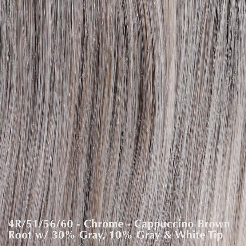 Lace Front Mono Topper 6 by Belle Tress | Heat Friendly Synthetic Belle Tress Hair Toppers Chrome | 4R/51/56/60 | Cappuccino brown root with gradual mixture of 30% gray 10% gray and white at the tip / Hair Length: Side Bangs 5" Back 6" | Base Size: 6" x 6" / Large Area