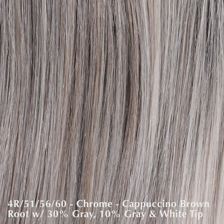 Lace Front Mono Topper Peerless 16 By Belle Tress | Synthetic Heat Friendly Topper Belle Tress Hair Toppers Chrome | 4R/51/56/60 | Cappuccino brown root with gradual mixture of 30% gray, 10% gray, and white at the tip. / Bangs: 4.5" - 5” | Back: 9" - 16” | Base: 6" W x 6.5” L / One Size