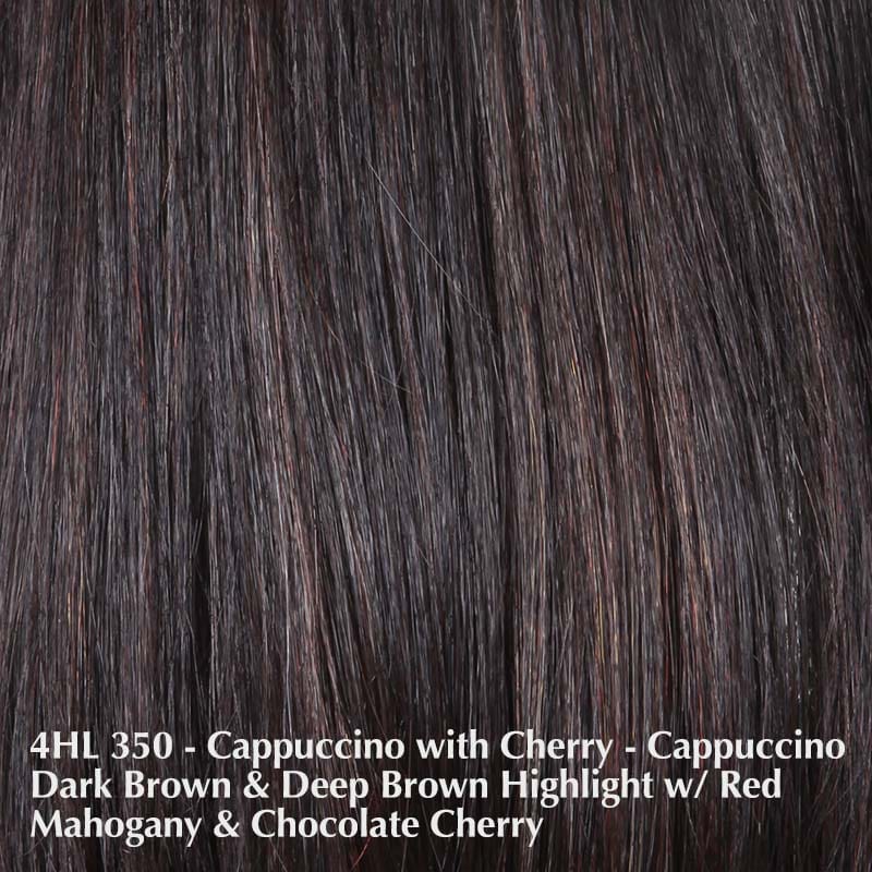 Lace Front Mono Topper Volume 6 by Belle Tress | Heat Friendly Synthetic Belle Tress Hair Toppers Cappuccino with Cherry - 4HL 350 - A blend of Cappuccino dark brown and deep Bolzano brown highlighted with red mahogany and chocolate cherry / Side Bangs: 5" Back: 6" Base: 6" X 6" / Large Area