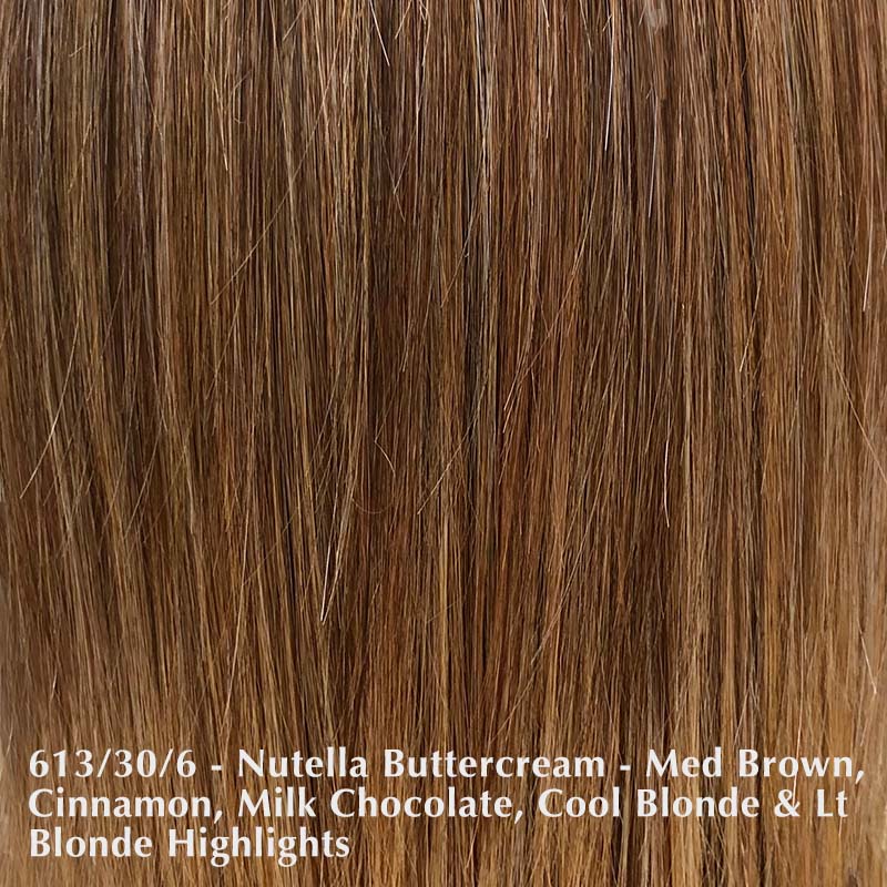 Lace Front Mono Topper Volume 6 by Belle Tress | Heat Friendly Synthetic Belle Tress Hair Toppers Nutella Buttercream - 613/30/6 - A blend of medium chocolate brown cinnamon milk chocolate cool blonde and light blonde highlights / Side Bangs: 5" Back: 6" Base: 6" X 6" / Large Area