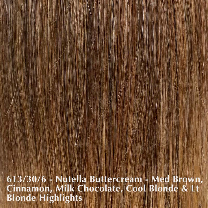Lace Front Mono Topper Volume 6 by Belle Tress | Heat Friendly Synthetic Belle Tress Hair Toppers Nutella Buttercream - 613/30/6 - A blend of medium chocolate brown cinnamon milk chocolate cool blonde and light blonde highlights / Side Bangs: 5" Back: 6" Base: 6" X 6" / Large Area