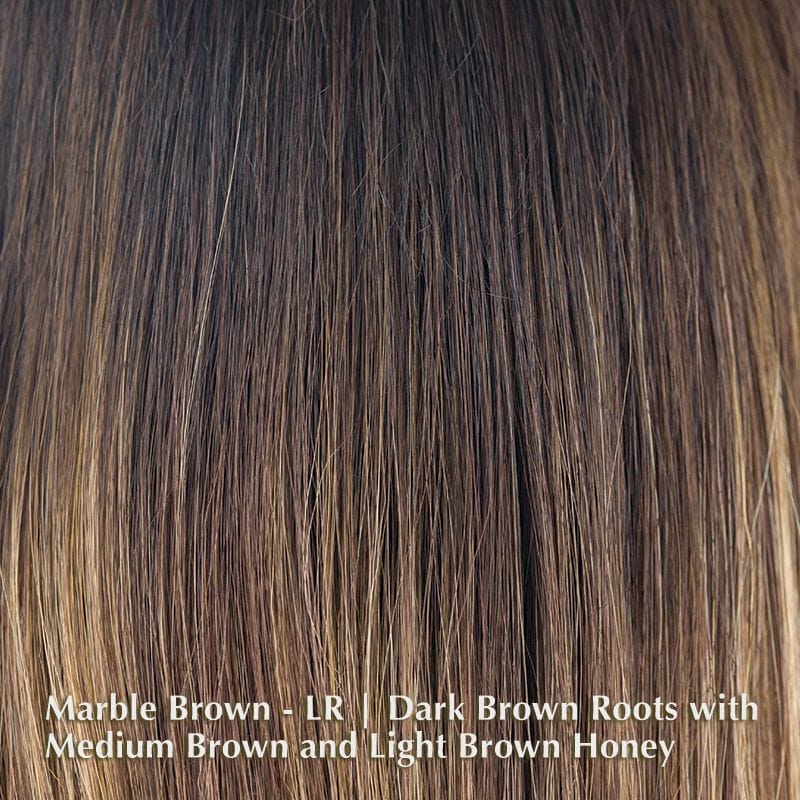 Layla Wig by Rene of Paris | Synthetic Lace Front Wig Rene of Paris Synthetic Marble Brown-LR | Dark Brown Roots with Medium Brown and Light Brown Honey / Fringe: 15.5" | Crown: 17.5” | Nape: 13” / Average