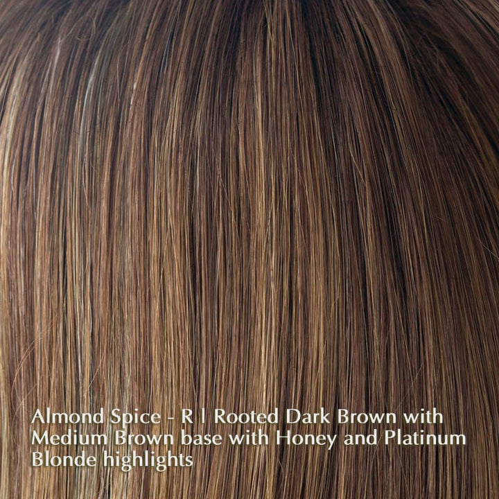 Long Top Piece | Synthetic Hair Topper (Basic Base) Rene of Paris Hair Toppers Almond Spice-R | Rooted Dark Brown with Medium Brown Base with Honey and Platinum Blonde Highlights / Length: 18" / Medium Area