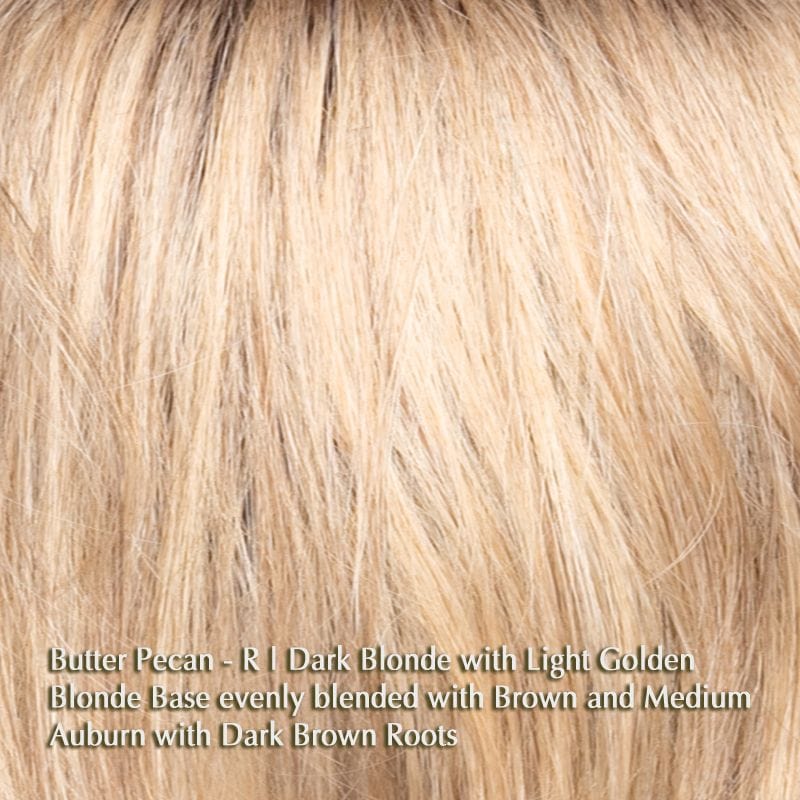 May Wig by Noriko | Synthetic Wig (Basic Cap) Noriko Wigs Butter Pecan-R | Dark Blonde with Light Golden Blonde Base evenly blended with Brown and Medium Auburn with Dark Brown Roots / Front: 7" | Crown: 9" | Nape: 4" / Average