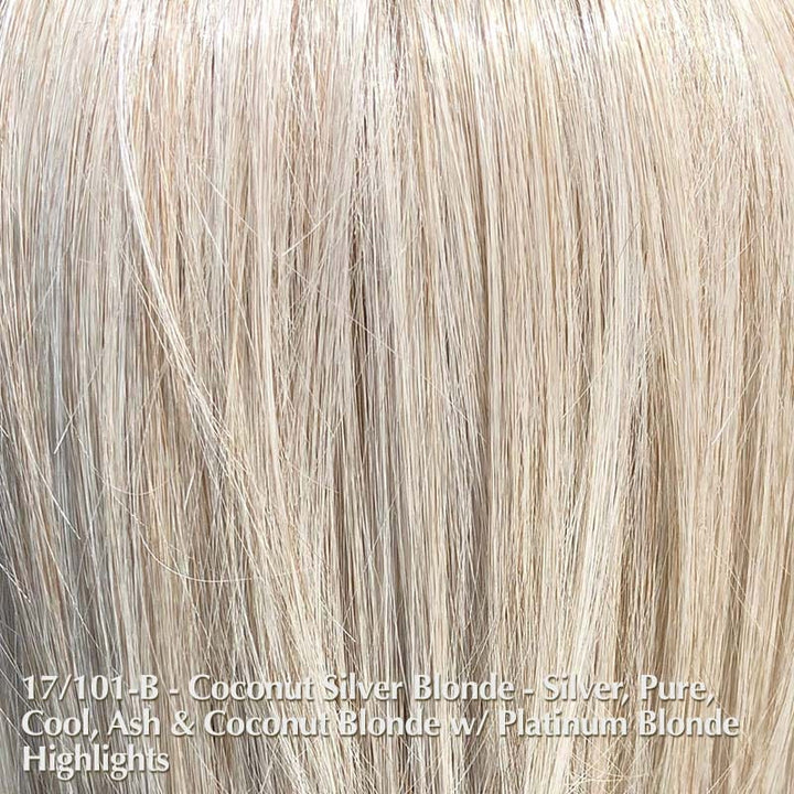Morning Brew Wig by Belle Tress | Synthetic Heat Friendly Wig | Creative Lace Front Belle Tress Heat Friendly Synthetic Coconut Silver Blonde | 101/102/103/60A/23A/17 | A blend of silver, pure cool ash and coconut blonde with platinum highlights / Bangs: n/a | Sides: 6" - 10" | Nape: 4" | Back: 13" | Overall: 4" - 13" / Average
