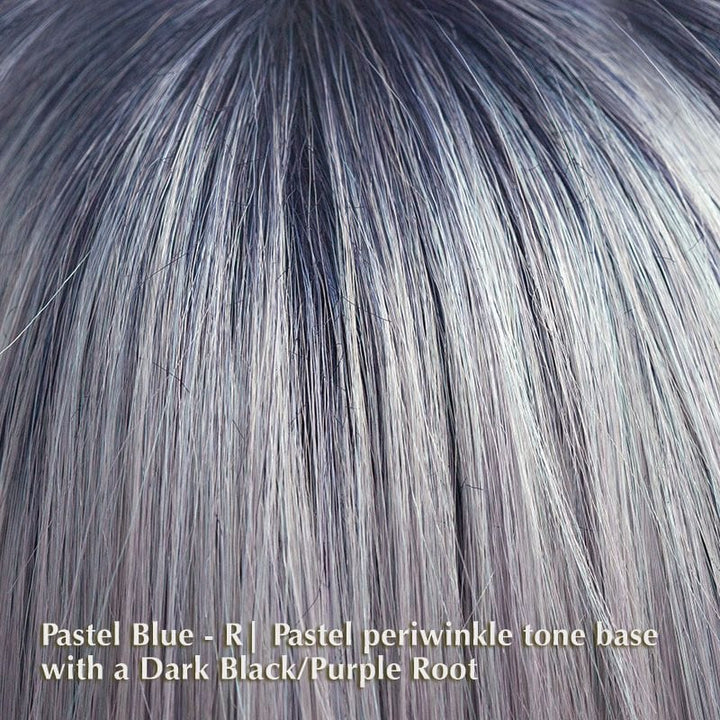 Nakia Wig by Rene of Paris | Synthetic Wig (Basic Cap) Rene of Paris Synthetic Pastel Blue-R | Pastel periwinkle tone base with a Dark Black/Purple Root / Fringe: 4.5" | Crown: 13” | Nape: 10” / Average