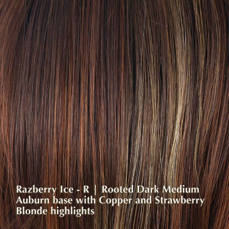 Nima Wig by Noriko | Synthetic Wig (Basic Cap) Noriko Wigs Razberry Ice-R | Rooted Dark Medium Auburn base with Copper and Strawberry Blonde highlights / Fringe: 3.9"-5.5” | Crown: 7.1” | Nape: 2” / Average
