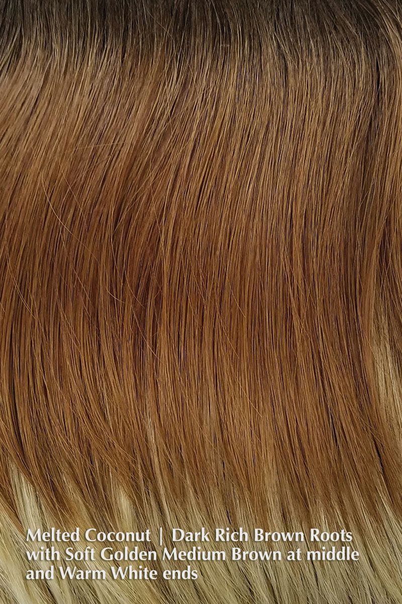 Nolan Wig by Rene of Paris | Synthetic Lace Front Wig (Mono Part) Rene of Paris Synthetic Melted Coconut | Dark Rich Brown Roots with Soft Golden Medium Brown at middle and Warm White ends / Fringe: 9.8-11” | Crown: 13” | Nape: 13.8” / Petite / Average