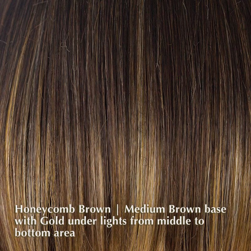 Rae Wig by Rene of Paris | Synthetic Lace Front Wig Rene of Paris Synthetic Honeycomb Brown | Medium Brown base with Gold under lights from middle to bottom area / Front: 8.5" | Crown: 7.5" | Nape: 3" / Average
