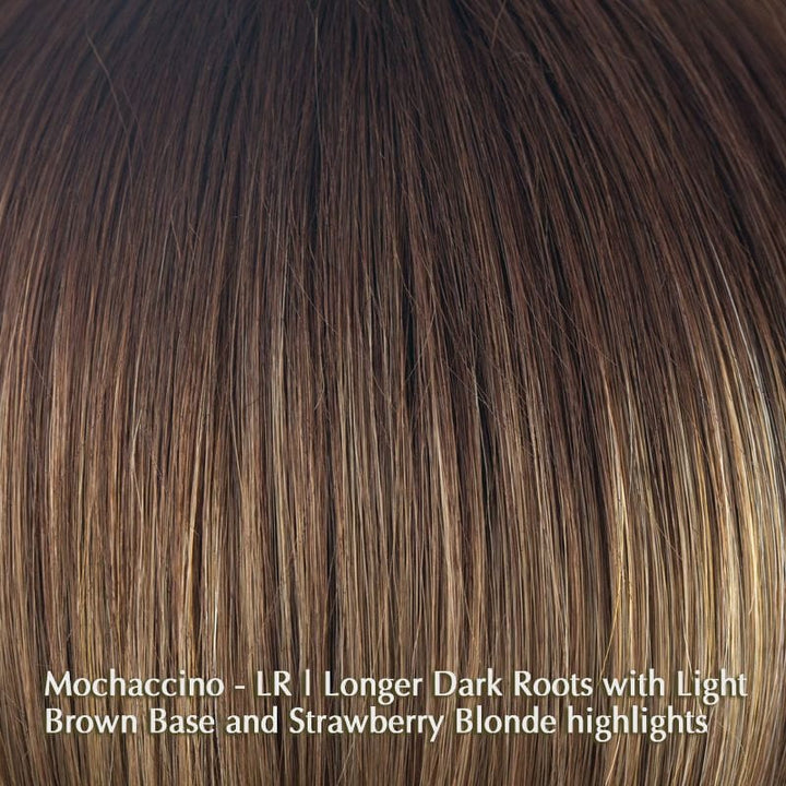 Reed Wig by Amore | Synthetic Lace Front Wig (Mono Top) Amore Synthetic Mochaccino-LR | Longer Dark Roots with Light Brown Base and Strawberry Blonde highlights / Fringe: 7” | Crown: 9” | Nape: 10.5” / Average