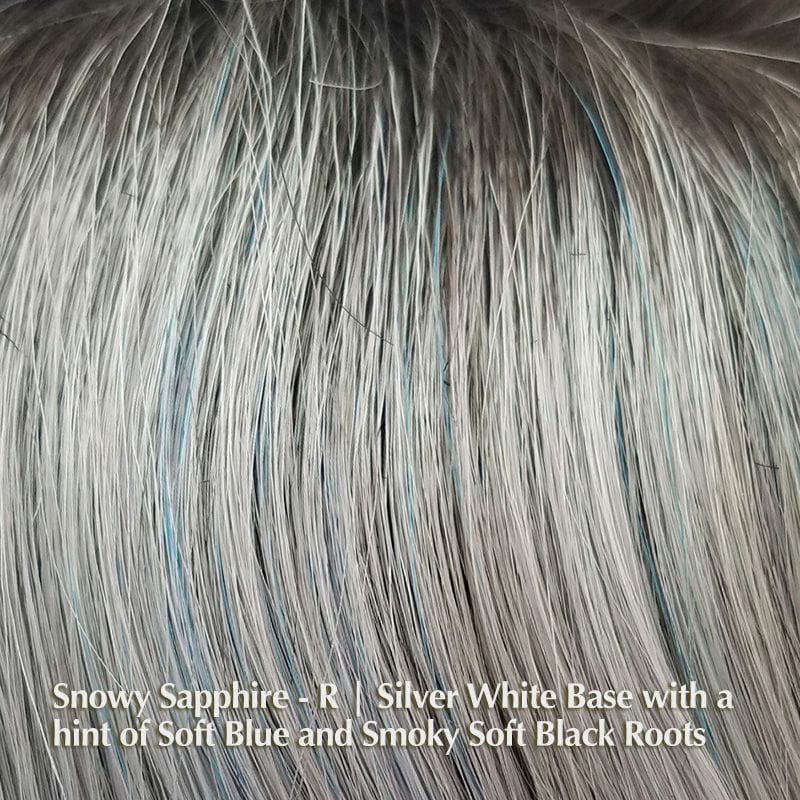 Reed Wig by Amore | Synthetic Lace Front Wig (Mono Top) Amore Synthetic Snowy Sapphire-R | Silver White Base with a hint of Soft Blue and Smoky Soft Black Roots / Fringe: 7” | Crown: 9” | Nape: 10.5” / Average