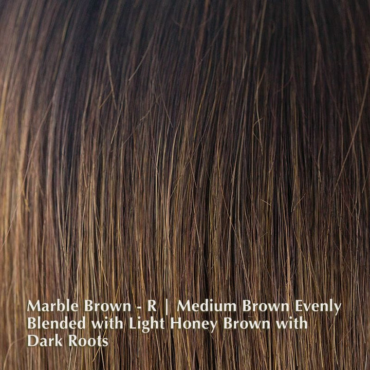 Scorpio Partial Mono Wig by Rene of Paris | Synthetic Wig (Mono Part) Rene of Paris Synthetic Marble Brown-R | Medium Brown Evenly Blended with Light Honey Brown with Dark Roots / Fringe: 3.5" | Crown: 6.25-9.75" | Nape: 2.25" / Average