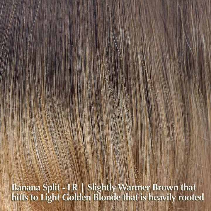 Seville Wig by Noriko | Synthetic Wig (Basic Cap) Noriko Wigs Banana Split-LR | Slightly Warmer Brown that shifts to Light Golden Blonde that is heavily rooted / Front: 5.15" | Crown: 10.65" | Nape: 9.8" / Average