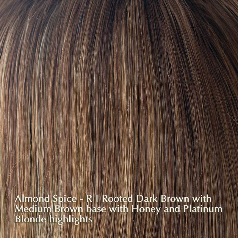 Sky Wig by Noriko | Synthetic Wig (Basic Cap) Noriko Synthetic Almond Spice-R | Rooted Dark Brown with Medium Brown base with Honey and Platinum Blonde highlights / Front: 5.6" | Crown: 5.2" | Nape: 3.6" / Petite / Average