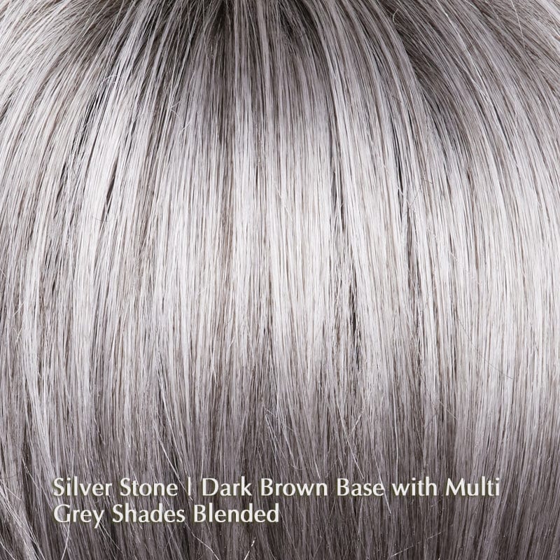 Tate Wig by Amore | Synthetic Wig | Double Mono Top Amore Synthetic Silver Stone-R | Silver Medium Brown Blend that transitions to more Silver then Medium Brown then to Silver Bangs with Black Roots