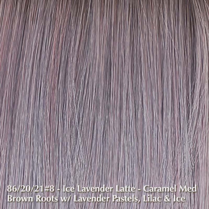 Tea Rose Wig By Belle Tress | Synthetic Heat Friendly Wig | Center Part Lace Front Belle Tress Heat Friendly Synthetic Iced Lavender Latte | 86/20/21/R8 | Natural caramel medium brown roots and seamless blend of Lavender pastels, lilac, and ice. / Bangs: 4" | Side: 8" - 12" | Nape: 8" | Back: 15.5" | Overall: 18" - 15.5" / Average
